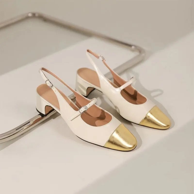 Slingback Leather Mary Jane Pumps Double Strap Block Heel Office Shoes in Silver/Golden