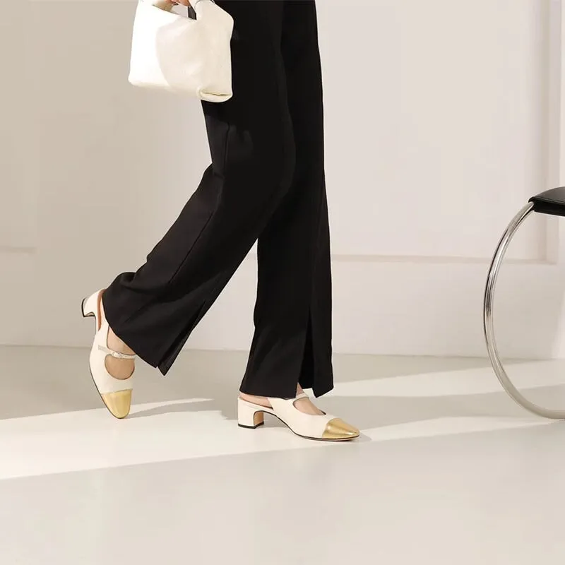 Slingback Leather Mary Jane Pumps Double Strap Block Heel Office Shoes in Silver/Golden