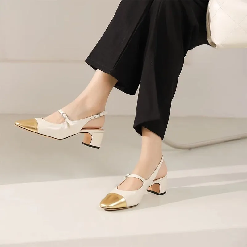 Slingback Leather Mary Jane Pumps Double Strap Block Heel Office Shoes in Silver/Golden