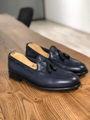 Tasseled Leather Navy Blue Loafers