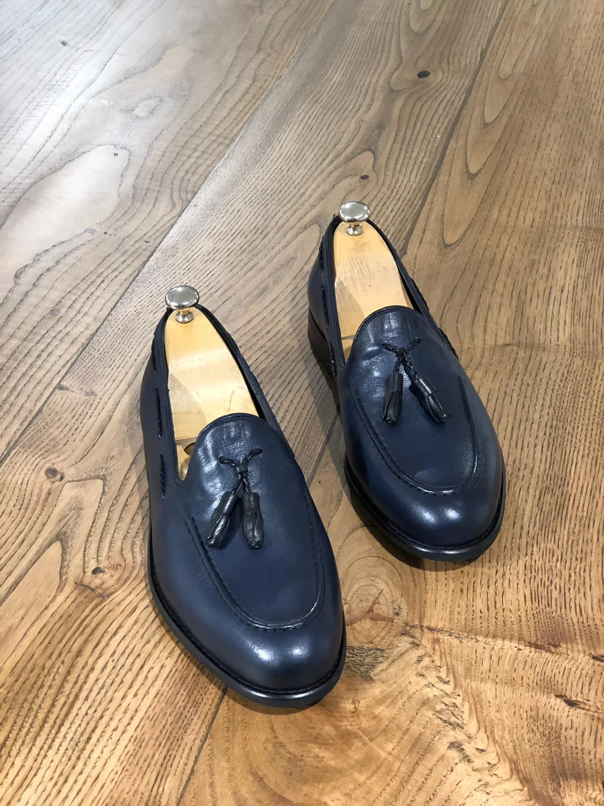 Tasseled Leather Navy Blue Loafers