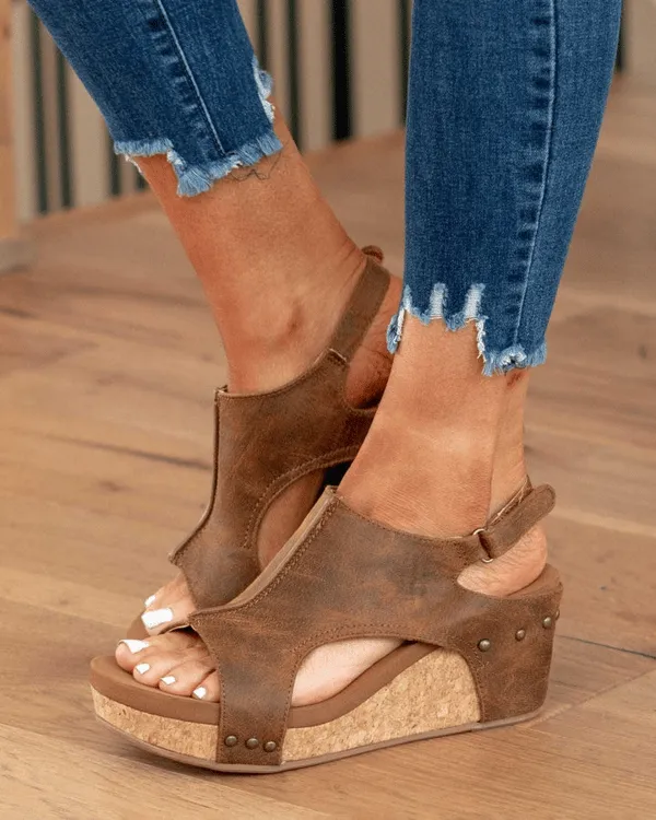 Women's Leather Platform Wedge Orthopedic Sandals